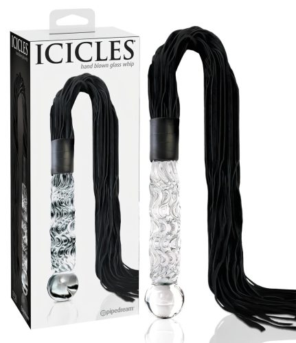 Icicles No. 38 - bőr korbács és üveg dildó (átlátszó-fekete)