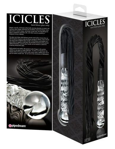 Icicles No. 38 - bőr korbács és üveg dildó (átlátszó-fekete)