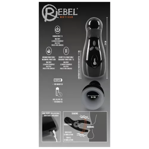 Rebel - fűthető, vibráló, fel-le mozgó maszturbátor férfiaknak (fekete)