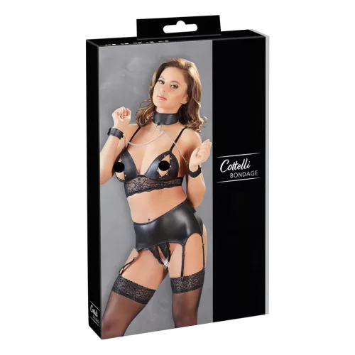 Cottelli Bondage - csipkés fényes fehérnemű szett (4 részes)
