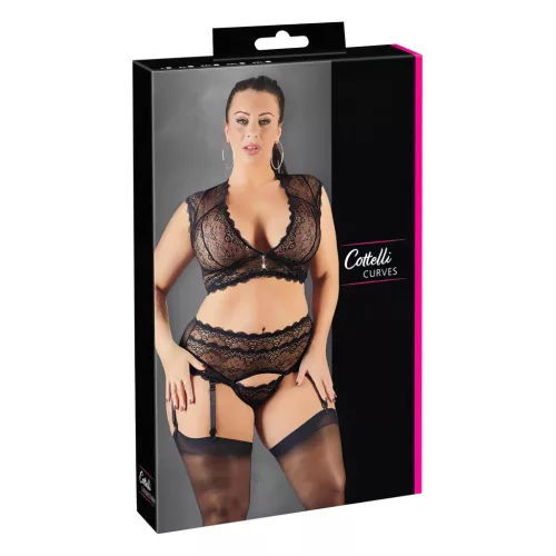 Cottelli Plus Size - strasszos, csipke fehérnemű szett (fekete)