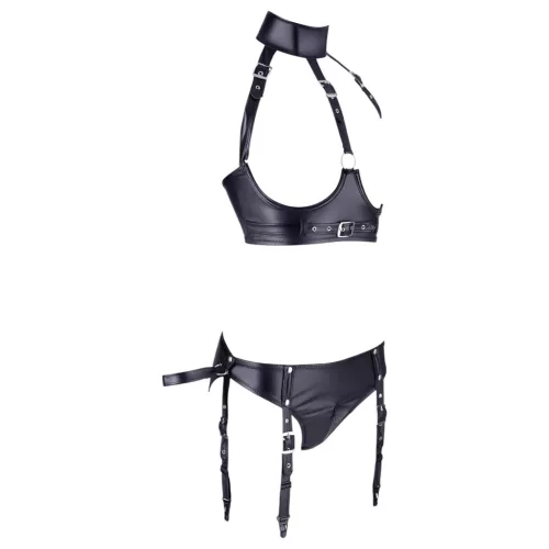Cottelli Bondage - fényes push-up melltartó szett bilinccsel (fekete)