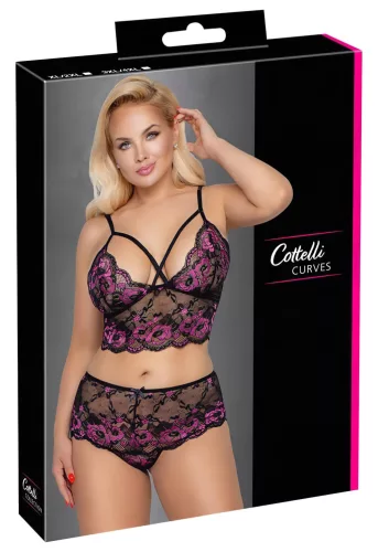 / Cottelli Plus Size - virágos melltartó szett (fekete-lila)