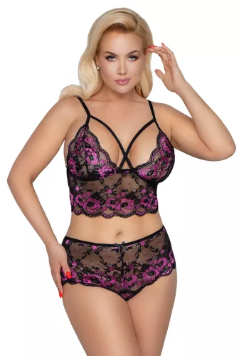 / Cottelli Plus Size - virágos melltartó szett (fekete-lila)