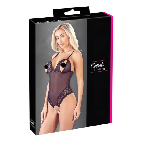 Cottelli - csipkés, gyöngyös nyitott body (fekete)
