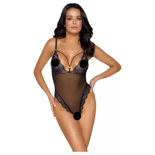 Cottelli - hímzett, nyitott csipke body (fekete-lila)