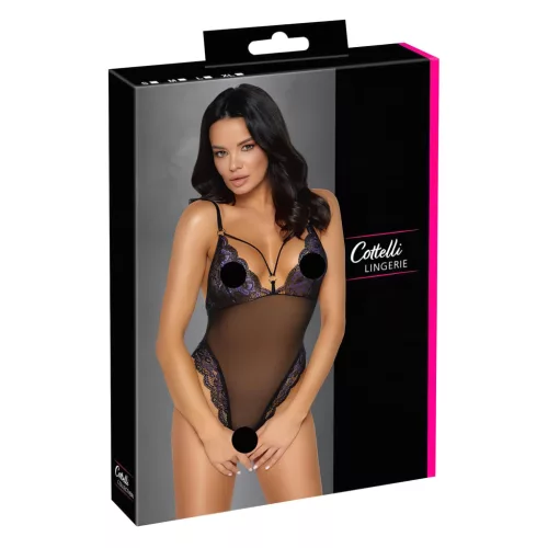 Cottelli - hímzett, nyitott csipke body (fekete-lila)