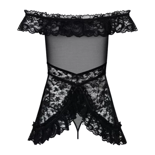 Obsessive Flores - fodros babydoll és tanga (fekete)