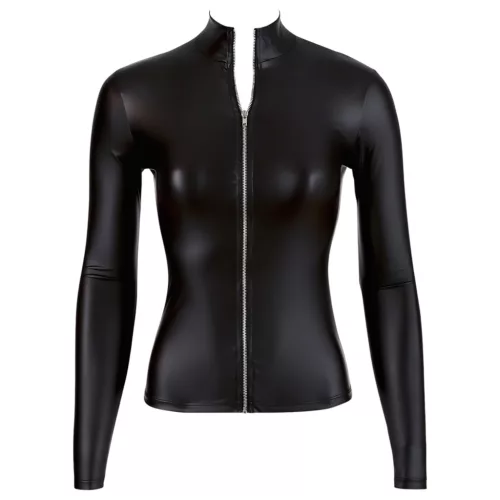 Cottelli - fényes, cipzáras hosszúujjú szexi női felső (fekete)
