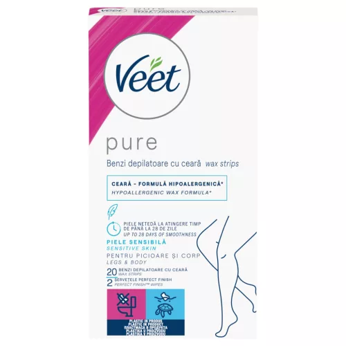 Veet Pure - szőrtelenítő gyantaszalagok lábra és testre - érzékeny bőrre (20 db)