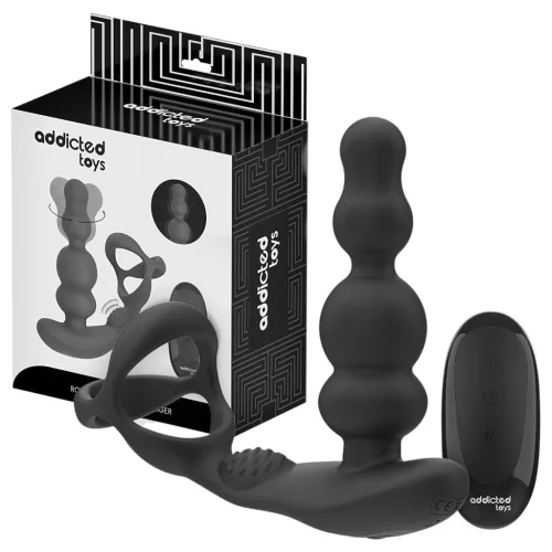 Addicted Toys - forgó fejes análvibrátor péniszgyűrűvel (fekete)