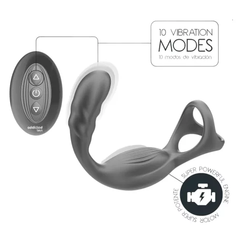 Addicted Toys - análvibrátor pénisz- és heregyűrűvel (fekete)