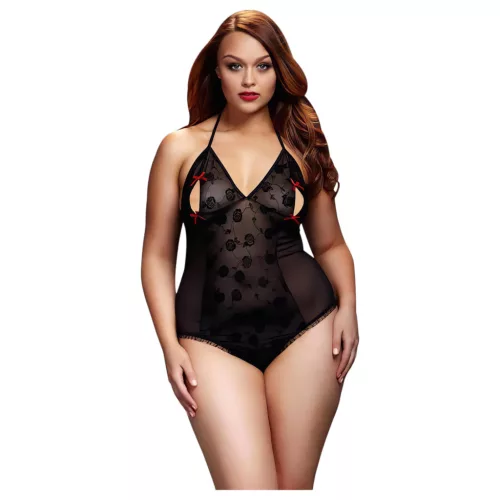 / BACI Plus Size - nyakpántos, átlátszó body- fekete (XL-XXL)