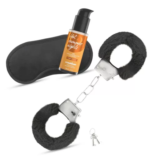 Crushious Bondage szett Puha bilincs, szemkötő, síkosító 50 ml fekete