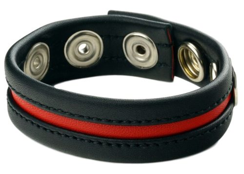 Bőr péniszgyűrű – 3 patentos, fekete-piros elegancia