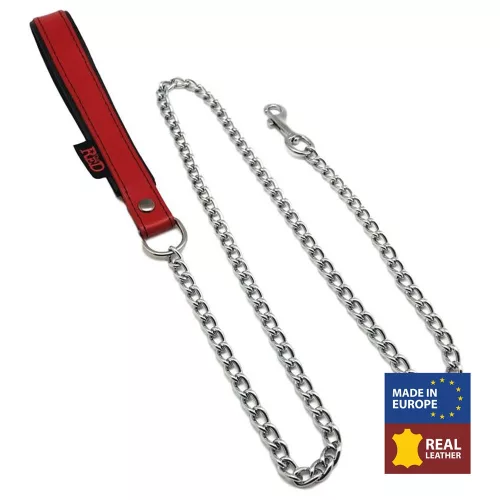 Prémium bőr fogantyús póráz - 1 m, piros