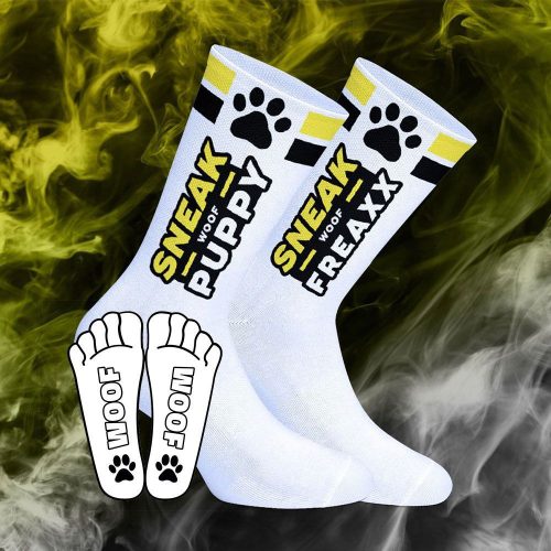Woof Puppy - fehér-sárga kutyás zokni