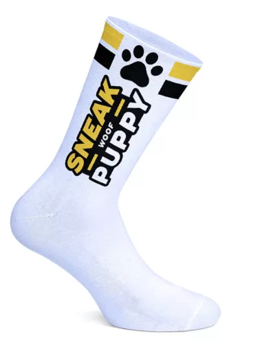 Woof Puppy - fehér-sárga kutyás zokni