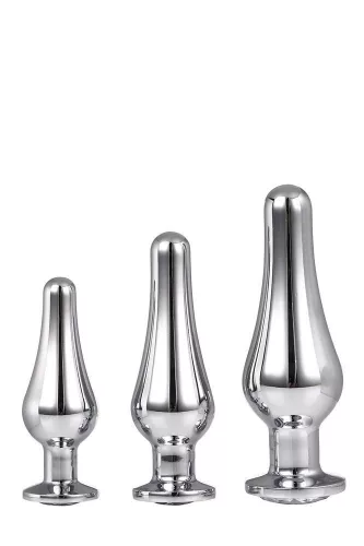 Anal plug készlet tömör alumínium díszkővel - kicsi, közepes, nagy - ezüst