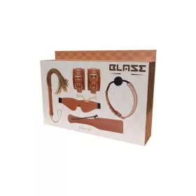   Blaze BDSM szett mesterséges bőr kézbilincs, labda szájpecek, szemmaszk, ostor, pálca cognac színű