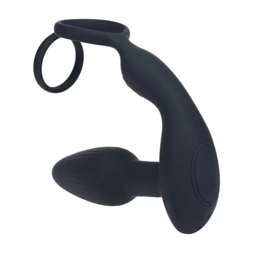Stimulátor prosztatával rezgő, forgó golyókkal, pénisz- és heregyűrűvel fekete szilikon