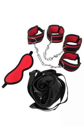 Bondage szett kéz- és lábbilinccsel, maszkkal, piros-fekete