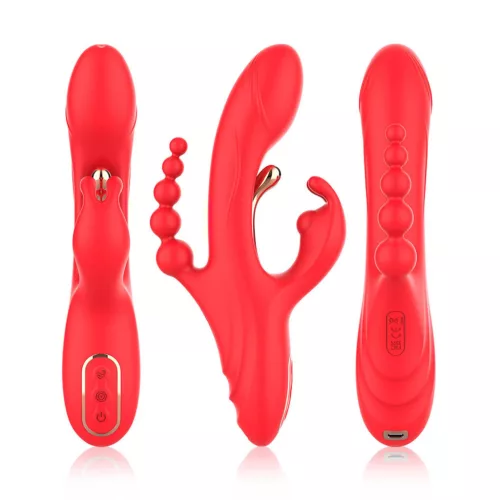 Trident Vibrátor Négypontos stimuláció G-pont és anális 22 cm piros