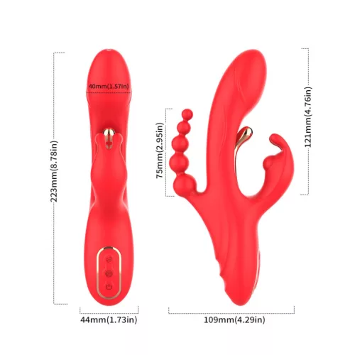 Trident Vibrátor Négypontos stimuláció G-pont és anális 22 cm piros