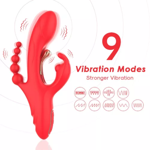 Trident Vibrátor Négypontos stimuláció G-pont és anális 22 cm piros