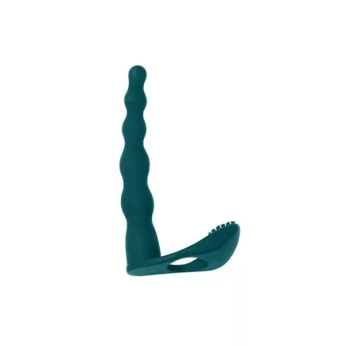 Strap-on dupla penetrációs szilikonos gyűrűs rezgő dildó 17 cm zöld