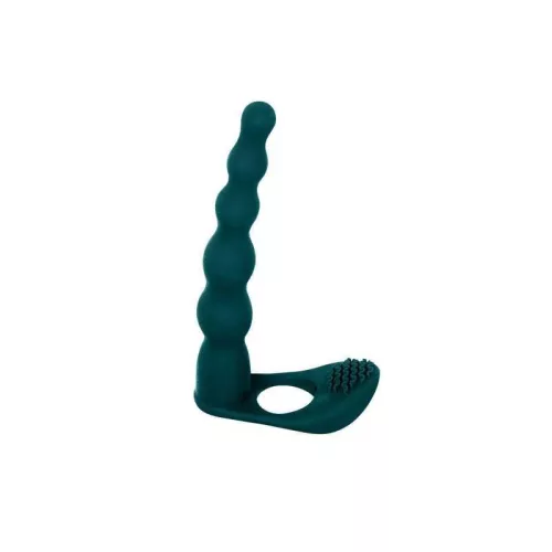 Strap-on dupla penetrációs szilikonos gyűrűs rezgő dildó 17 cm zöld