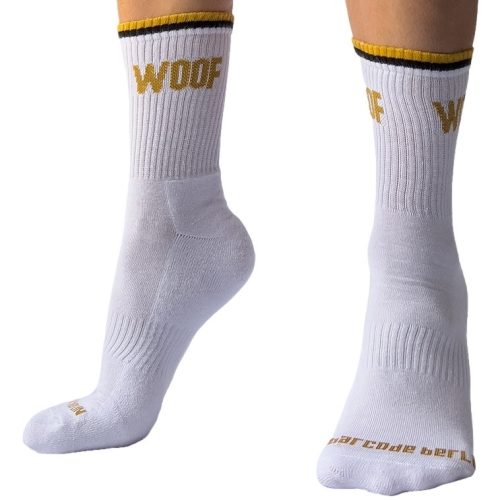 Woof Barcode – stílusos fehér zokni prémium kivitelben
