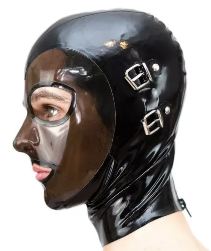 Latex maszk szem-, szájnyílással fekete hátul cipzáros fém rögzítővel