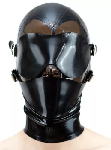 Latex kapucni szem, száj és orr nyílásokkal fekete, cipzáros hátsó rész