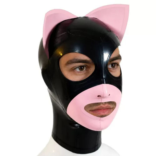 Latex álarc macskafülekkel fekete-rózsaszín 0,4 mm vastag hátsó cipzárral