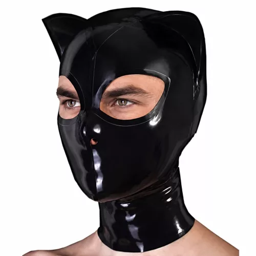 Macskafej formájú fekete latex fejmaszk cipzárral 0,4 mm vastag