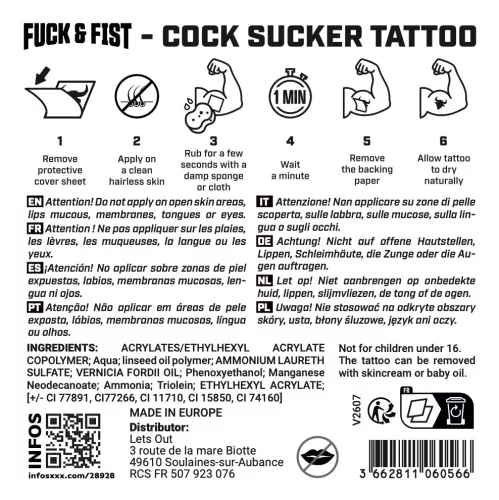 Ideiglenes tetoválás felirat cock sucker 9 x 6,5 cm