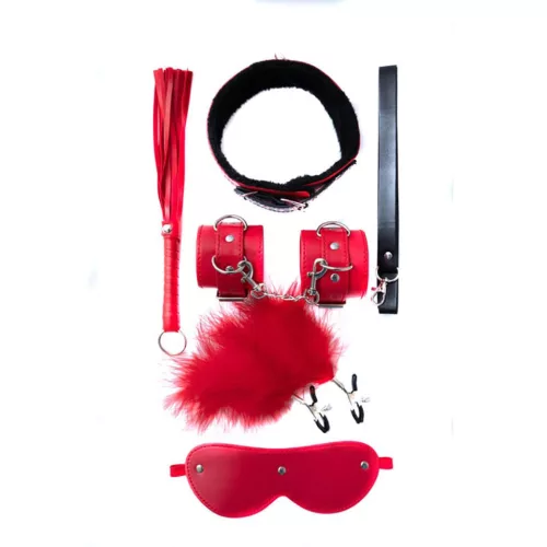 BDSM szett 5 részes kötöző készlet puha plusz, PVC, fém kiegészítőkkel