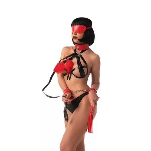 BDSM szett 5 részes kötöző készlet puha plusz, PVC, fém kiegészítőkkel
