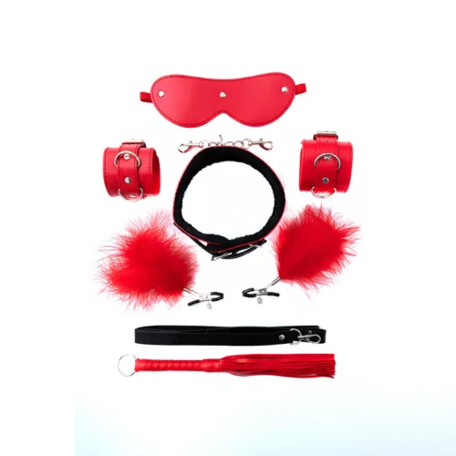 BDSM szett 5 részes kötöző készlet puha plusz, PVC, fém kiegészítőkkel