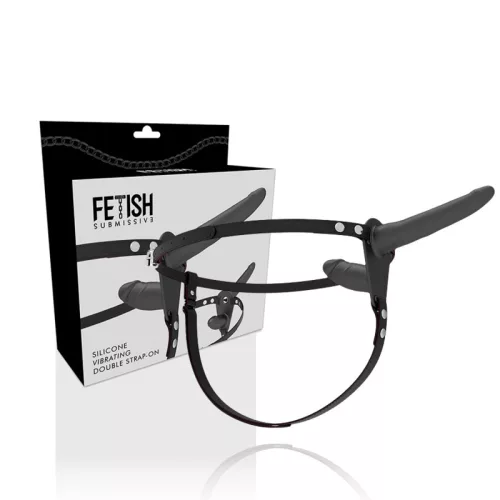 Fetish – dupla behatolású fekete vibrátor harnesszel