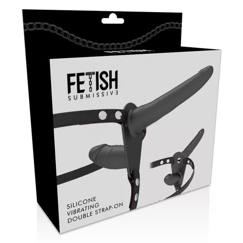 Fetish – dupla behatolású fekete vibrátor harnesszel