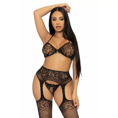LEG AVENUE – érzéki háromrészes szett: melltartó, string és harisnya