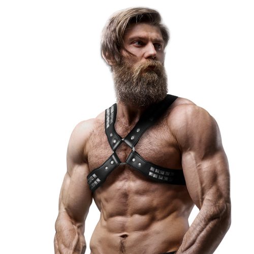 Fetish – férfi öv a keresztbe fűzött eco-bőrben, szegecses