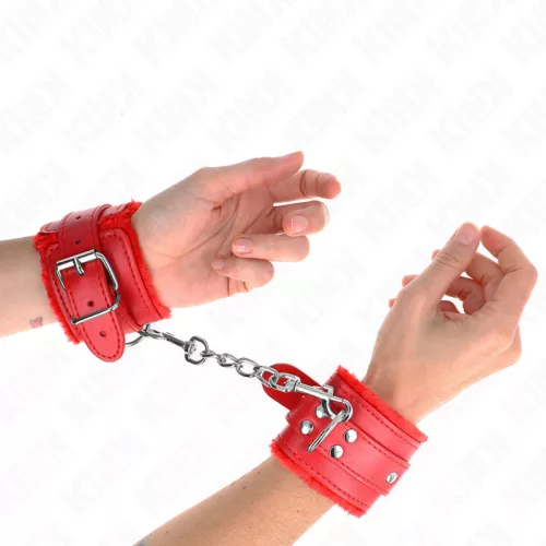 KINK - állítható, prémium bőrpántos csuklóbilincsek vörössel