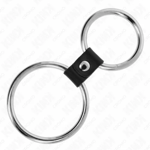 KINK - dupla fém péniszgyűrű bőr pánttal 3,7-5 cm között