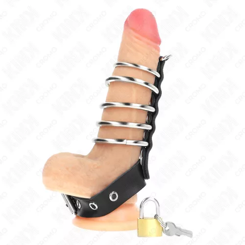 KINK - bőrszexgyűrű zárpánttal, 5 fémgyűrűvel