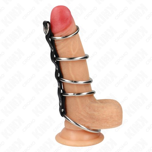 KINK – fém péniszgyűrűk bőrkötéssel, 3,2-5 cm