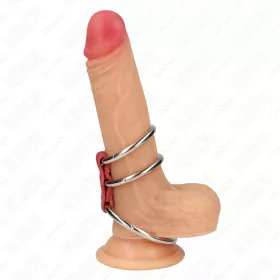 KINK – hármas fém péniszgyűrű piros bőrszíjjal