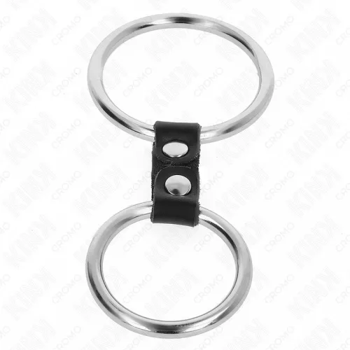 KINK - dupla fém péniszgyűrű bőr pánttal, 3,7-5 cm